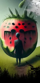 Surreal wallpaper with alien and giant fruit in a lush landscape.