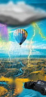 Surreal landscape with hot air balloon, car, and vibrant skies.