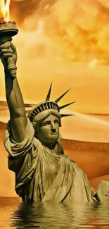 Statue of Liberty in a golden desert landscape with a fiery torch.