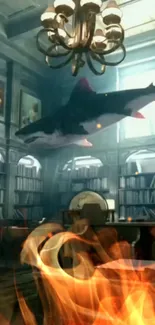 Surreal wallpaper with shark in library and flames in foreground.