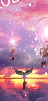 Surreal wallpaper with floating light bulbs and vibrant sunset sky.