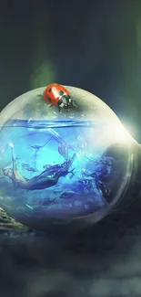 Surreal lightbulb with mermaid and ladybug inside, vibrant fantasy art.