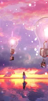 Surreal wallpaper with lightbulbs over a colorful sunset and reflection on water.