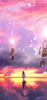 Surreal wallpaper with floating lightbulbs in a vibrant pink and purple sky.