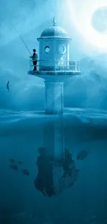 Surreal blue lighthouse wallpaper featuring fisherman and moonlit ocean scene.