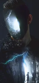 Surreal mobile wallpaper with a faceless figure and lightning.