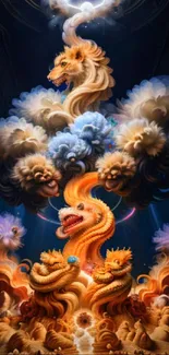 Surreal fantasy lion in swirling vibrant clouds, ideal for phone wallpaper.