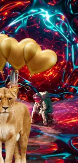 Surreal lion with balloons in a cosmic fantasy scene.