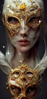 Surreal art portrait with a mystical mask and intricate details.