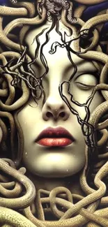 Surreal Medusa face with entwined snakes art wallpaper.