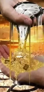 Surreal mobile wallpaper of a melting clock dripping golden sand.