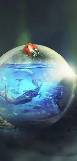 Fantasy wallpaper of a mermaid inside a light bulb with a ladybug on top.