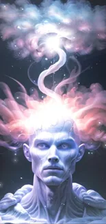 Surreal blue humanoid with swirling cosmic clouds overhead.