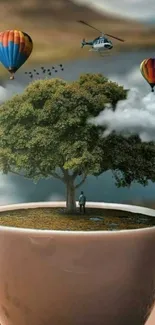 Surreal wallpaper with tree in teacup and balloons.