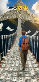 Man walking on money bridge with dollar bills floating.