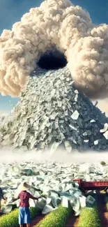 Surreal wallpaper of a money volcano erupting into clouds.