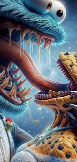 Surreal monster battle with vibrant creatures on phone wallpaper.