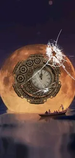 Surreal clock inside a moon over a tranquil night sea, creating a fantasy atmosphere.