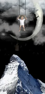 Child on crescent moon above snowy mountain peak in surreal scene.