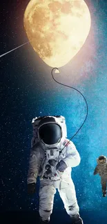 Astronauts floating with a moon balloon in a starry space.