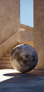 Surreal moon sphere in an urban architectural setting with stairs.