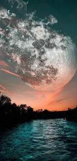 Surreal moon and river at sunset wallpaper, showcasing cosmic elegance.