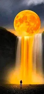 Surreal moon and waterfall with vibrant colors.