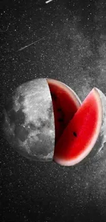 Surreal moon sliced like a watermelon under a starry sky.