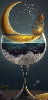 Surreal crescent moon in a wine glass mobile wallpaper.