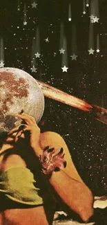 Surreal artwork of woman with moon head against a starry space background.