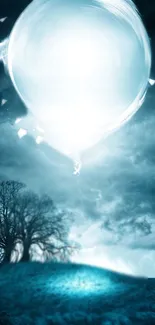 Dreamy teal sky with glowing orb above trees.