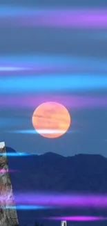 Surreal landscape with moon and colorful auroras over mountains.