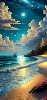 Surreal beach scene with lighthouse and moonlit ocean waves.