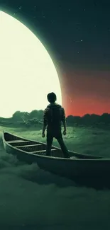 Person in canoe under moon on cloudy horizon, surreal scene.