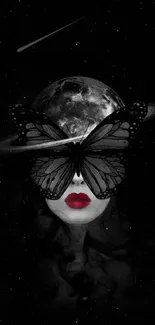 Surreal art wallpaper with butterfly mask and moon backdrop on dark theme.