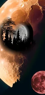 Surreal forest with moonlit background in artistic wallpaper design.