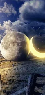 Surreal landscape with large moon and crescent under starry sky.