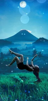 Surreal landscape with moonlit sky, mountain, and floating figure.