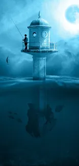 Surreal mobile wallpaper of a moonlit lighthouse over calm ocean.