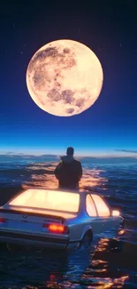 Surreal image of car on ocean under full moon.