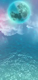 Surreal wallpaper with moonlit ocean under ethereal clouds and turquoise waters.