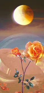 Surreal wallpaper with moon and orange roses under a dreamy sky.