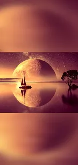 Surreal moonlit seascape with a sailboat and tree, reflected on calm water.