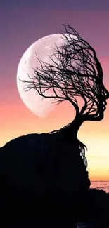 Surreal tree silhouette against moonlit sunset sky.