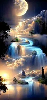 Surreal night scene with moonlit waterfall and lush landscapes.