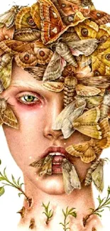 Surreal moth-themed art with a face made of butterflies.