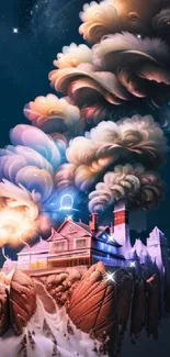 Surreal wallpaper with a mystical castle and swirling clouds.