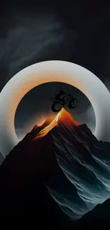 Surreal cyclist over mountain with glowing ring.