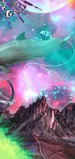 Surreal art with dolphins, mountains, and nebula colors in a vivid dreamscape.