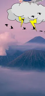 Surreal mountain landscape with eye cloud and birds.